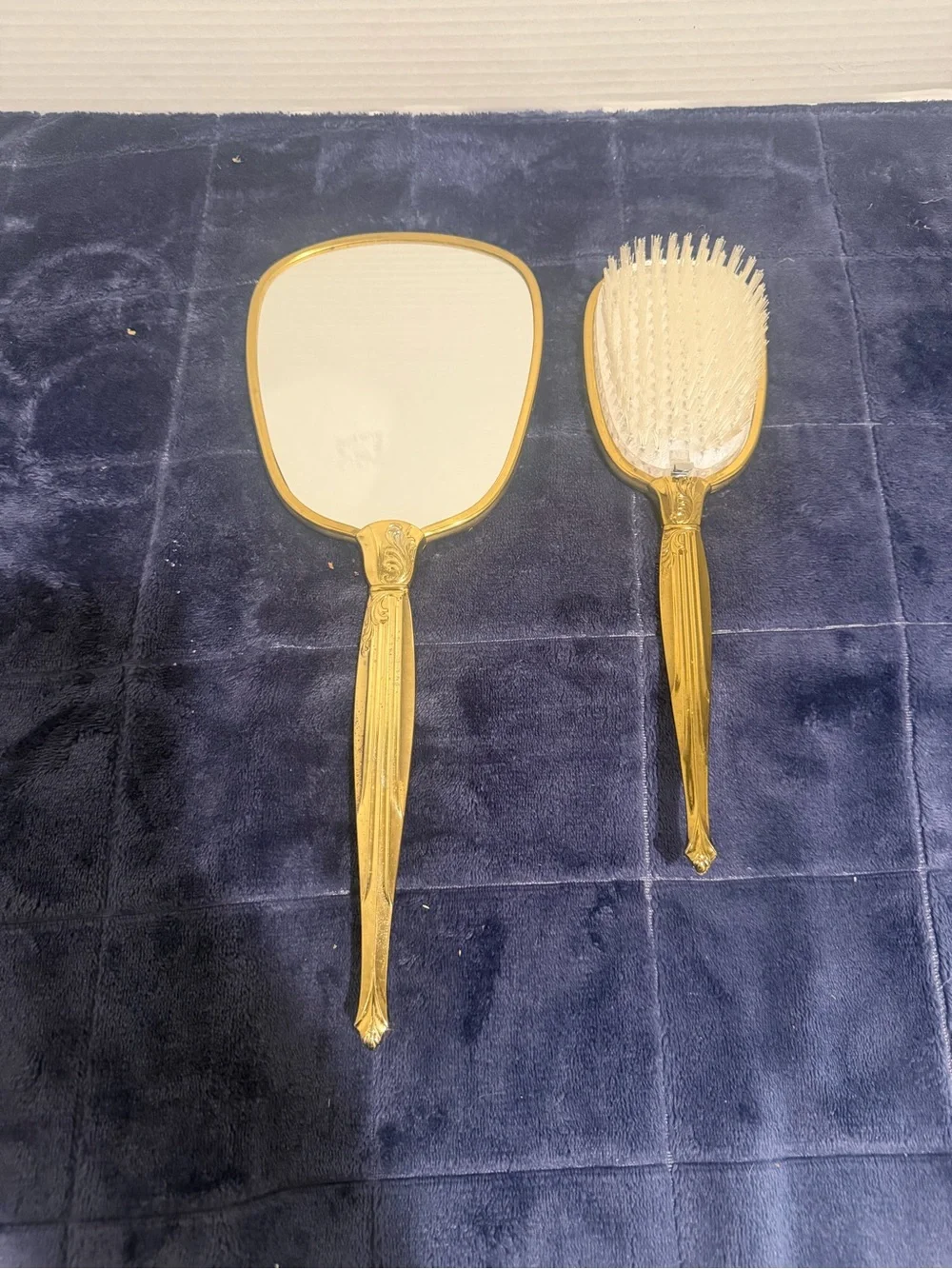 Vintage Gold Floral Hand Mirror and Brush Set - Hollywood Regency
